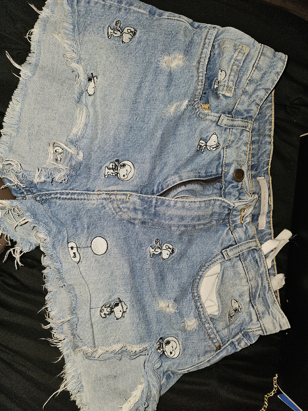 Zara Light Blue Distressed Denim Shorts with Snoopy Motifs